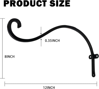 Hourleey 4 Pack Plant Hanger Outdoor, 12 Inch Heavy-Duty Hanging Plant Hook for Outside Basket, Black Metal Wall Mount Plant Bracket Hook for Flower Baskets Bird Feeder