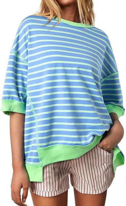 SHEWIN Womens Tops Casual Short Sleeve Sweatshirt Crewneck Striped Shirt Pullover T Shirts Loose Blouses