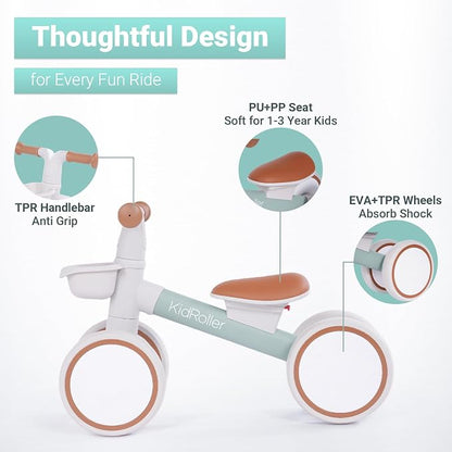 Kid's Balance Bikes for 1 Year Old Boys and Girls, 12-36 Months Toddler Ride-on with Adjustable Seat and a Front Basket, First Birthday Gifts (Green)