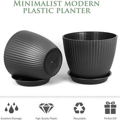 7/6.2/5.5/5/4.5/4 inch Flower Pots, 6 Pack Plant Pots for Small Indoor Outdoor Plants, Plastic Planters with Drainage Holes and Saucers for Garden Succulent House Plants, Black