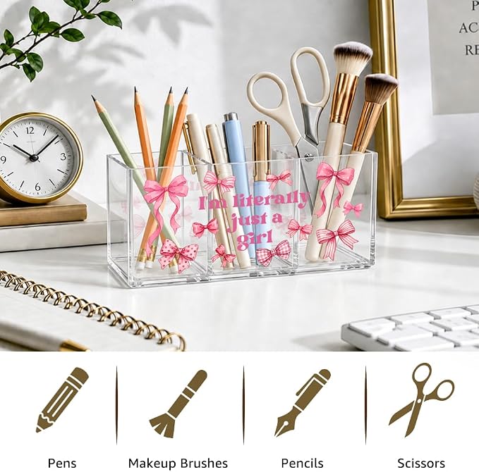 Just a Girl Acrylic Pen Holder, 3 Slot Pink Bow Desk Organizer | Cute pink bow acrylic organizer with 3 clear slots, keeps makeup, pens and remotes tidy; a sweet desk gift for teen girls.