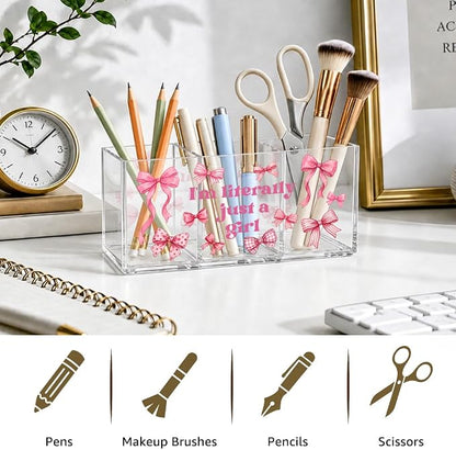 Just a Girl Acrylic Pen Holder, 3 Slot Pink Bow Desk Organizer | Cute pink bow acrylic organizer with 3 clear slots, keeps makeup, pens and remotes tidy; a sweet desk gift for teen girls.