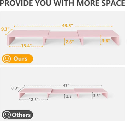 TAVR Dual Monitor Stand Riser, Wooden Computer Monitor Stand for 2 Monitors | Extra Long Multifunctional Desktop Organizer Riser for TV, PC Monitor, Laptop, Printer, Max 43.3" Length, Pink