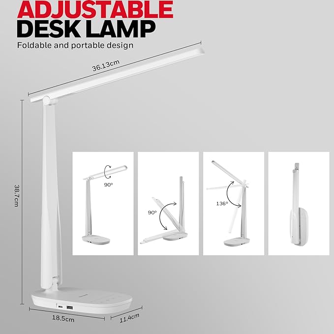 Honeywell HWT-H2 LED Desk Lamp for Home Office, CRI94 Full Spectrum Eye-Caring Light, Dimmable Table Lamp with USB-A & USB-C Charging Ports, Foldable Touch Control Reading Lamp, White