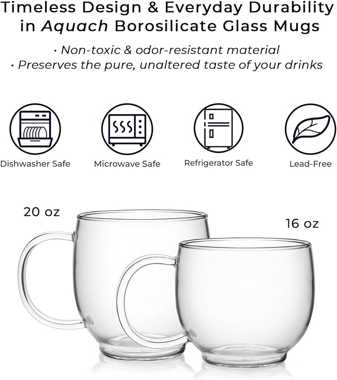 Aquach 20oz Glass Coffee Mugs Set of 2, Clear Borosilicate Tea Cups | Dishwasher/Microwave Safe, Single-walled, Smooth Rim, Handle Comfort, Large Capacity Fits Hot/Cold Brews