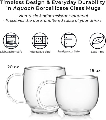 Aquach 20oz Glass Coffee Mugs Set of 2, Clear Borosilicate Tea Cups | Dishwasher/Microwave Safe, Single-walled, Smooth Rim, Handle Comfort, Large Capacity Fits Hot/Cold Brews