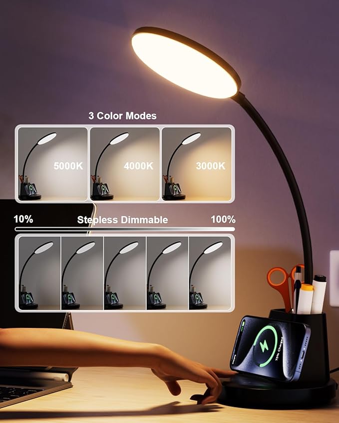 hansang LED Desk Lamp for Home Office with Wireless Charger, 3 Color Modes, Stepless Dimmable, Touch Control Black Study Lamp with Pen Holder for College Dorm Room, CRI 90, 800 Lumen, Adapter Included