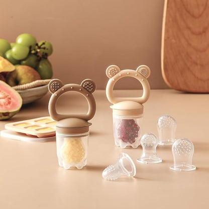 2 Pack Silicone Baby Fruit Feeder with Mini Freezer Tray, Breastmilk Popsicle Molds for Baby Teething Relief, Teethers, Fresh Food Feeder for Safe Infant Self Feeding, Extra Food Pouches - Chocolate