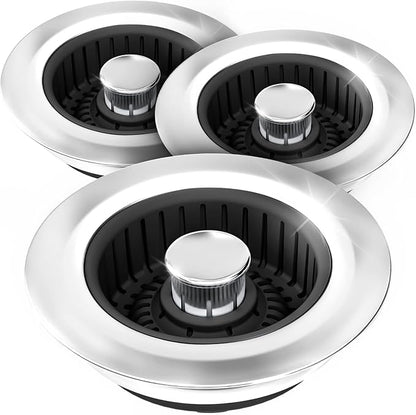 3 in 1 Kitchen Sink Drain Strainer Stopper Removable Basket Pop-Up | Kitchen Sink Accessories 3 Pack Black Stainless - Food Catcher, Odor-Blocking Seal, Fits 3.5" Drain, Easy Clean