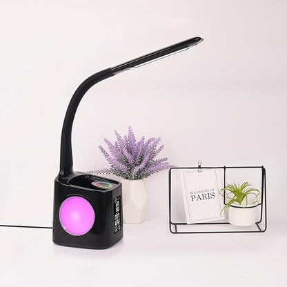 LED Desk Lamp with Clock,Color Changing Nightlight,Study Lamp with Pen Holder,Desk Light with USB Charger,Table Light for Home,Office,Gift for Kids,Students,Women,Black
