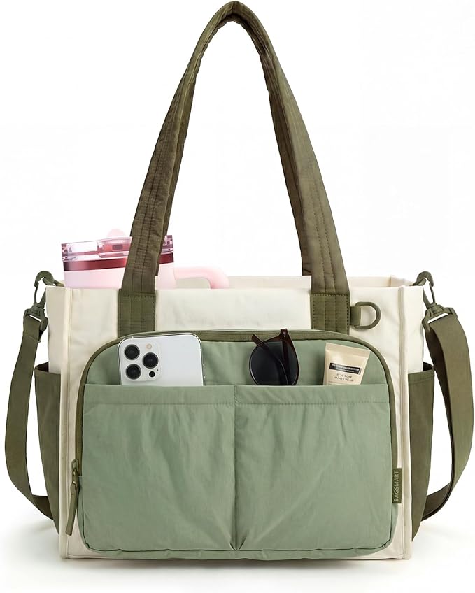 BAGSMART Small Tote Bag for Women, 13'' Laptop Canvas Work Bag with Zipper | 30oz/40oz Tumble & 11 Pockets Travel Tote, Teachers/Nurses, Lightweight Canvas or Water-Resistant Puffer Taslon Crossbody Bag