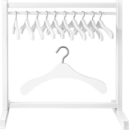 Civaner 11 Pcs Doll Garment Rack with Wooden Clothes Hanger for 18 Inch Girl Doll Clothes Mini Hangers Wardrobe Furniture Accessories for Dollhouse Baby Shower Supplies (White)
