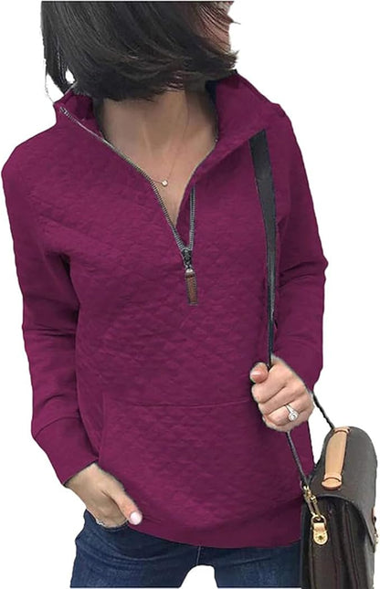 BTFBM Women Fashion Quilted Pattern Lightweight Zipper Long Sleeve Plain Casual Ladies Sweatshirts Pullovers Shirts Tops