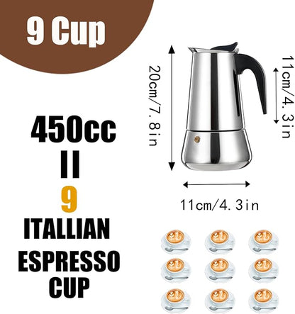 9 Cup Stovetop Espresso Maker Stainless Steel Moka Pot Stove Top Percolator Italian Coffee Makers Capable Mocha Greca Machine Cafe Classic Induction Cookers for Home and Camping 450ml 15oz