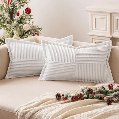 MIULEE Decorative Lumbar Throw Pillow Covers for Couch Bed Livingroom 12x20 Inch Set of 2 White Boho Accent Throw Pllows Broadside Striped Patchwork Soft Corduroy Pillowcases