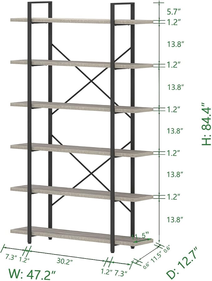 HSH 6 Tier Tall Bookshelf, Metal Wood Vertical Display Book Shelf, Industrial 6 Shelf Bookcases and Book Shelves Storage Rack, Large Open Book Case for Bedroom Living Room Office, Light Grey Oak