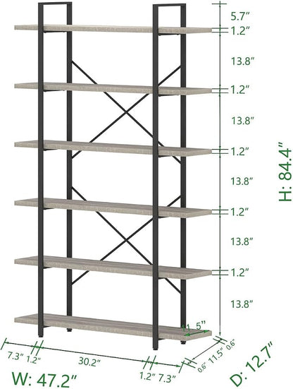 HSH 6 Tier Tall Bookshelf, Metal Wood Vertical Display Book Shelf, Industrial 6 Shelf Bookcases and Book Shelves Storage Rack, Large Open Book Case for Bedroom Living Room Office, Light Grey Oak