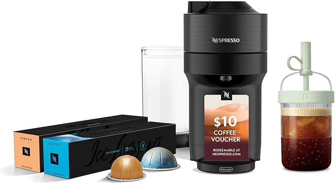 Nespresso Vertuo Pop+ Iced Coffee & Espresso Maker Bundle by De'Longhi | Iced Coffee Bundle by De'Longhi in Liquorice Black: 10 iced coffee pods, 10 Melozio pods and a travel tumbler included.