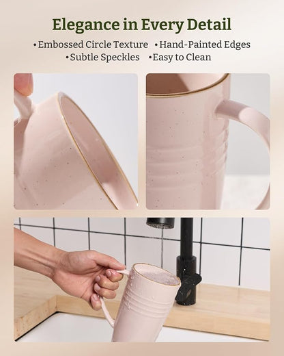 famiware Jupiter Large Coffee Mug, 20oz Coffee Mug with Lid, Ceramic Mugs Set of 2, Cup Set with Handle for Latte, Tea, Cocoa, Milk, Home & Office, Microwave and Dishwasher Safe, Light Pink