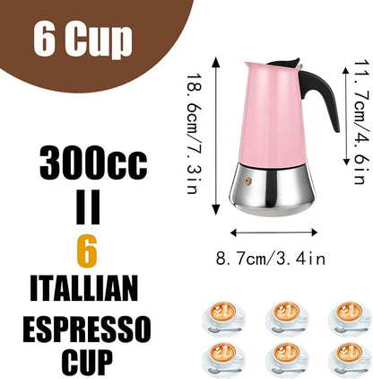 6 Cup Stovetop Espresso Maker Stainless Steel Moka Pot Stove Top Percolator Italian Coffee Makers Capable Mocha Greca Machine Cafe Classic Induction Cookers for Home and Camping 300ml 10oz