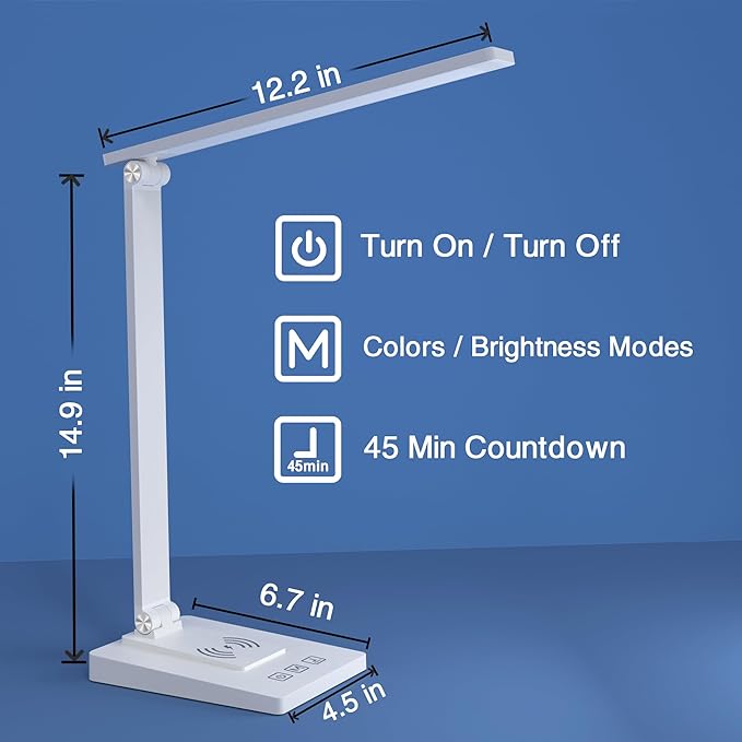 LED Desk Lamp with Wireless Charger and USB Charging Port,Desk Lamps for Home Office,Study Dimmable Table Lamp Desk Light,5 Colors Stepless Dimming,Eye-Caring Desk Lamp for College Dorm Room