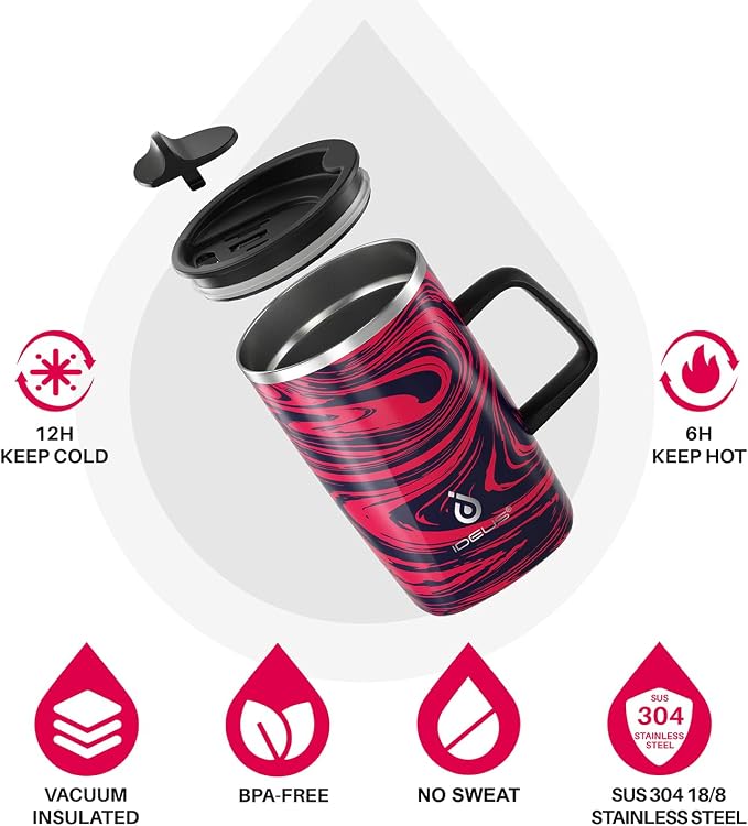 Ideus 16 oz Insulated Stainless Steel Coffee Mug with Lid, Red Zebra | Perfect for home, office, or daily use| Easy to clean wide mouth| Sweat-proof| On the go