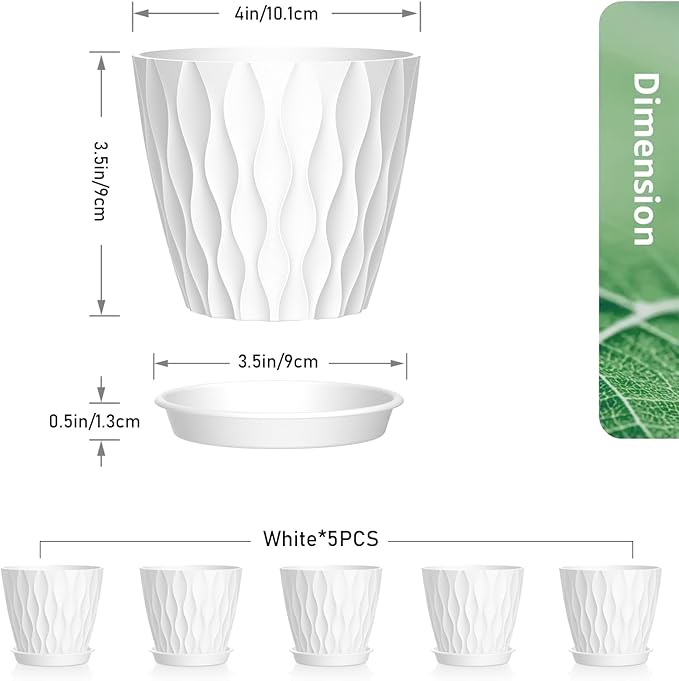 4 inch Small Plastic Nursery Pots, 5 Pack Water Ripples Plant Pots for Indoor Plants, Flower Pots with Drainage Holes and Saucers, Seedling Starter Planters for Succulent Plants, White