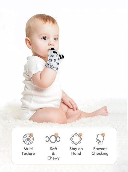 Giftty Baby Teething Mitten Panda Hand Teether Soothing Glove Wearable Teething Toy with Crinkle Sound, Multi Textured for Infants 3-12M (1 Pair)