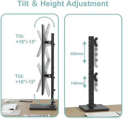 Suptek Dual Monitor Stand with Base Vertical Stack Screen Free-Standing Monitor Riser Fits Two Screen Max 36" & One Screen Max 43" with Swivel, Tilt, Height Adjustable,50,75 and 100mm Vesa Base Stand