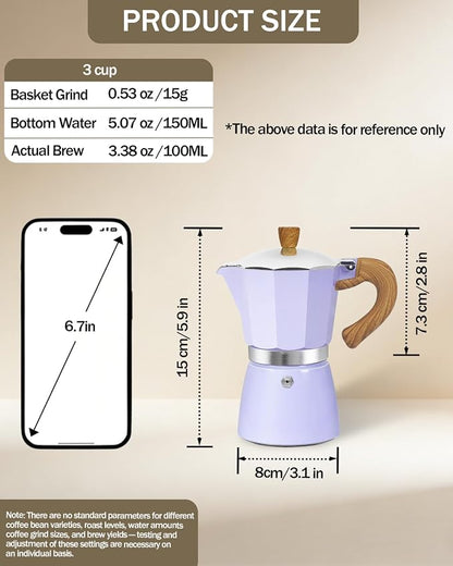 Coffee Maker Stovetop Espresso Maker 3 Cup Aluminum Moka Pot Percolator 5oz 150ml Easy Brewing for Electric Ceramic Stoves Home Camping Italian Cuban Café Classic Sip Sized Purple