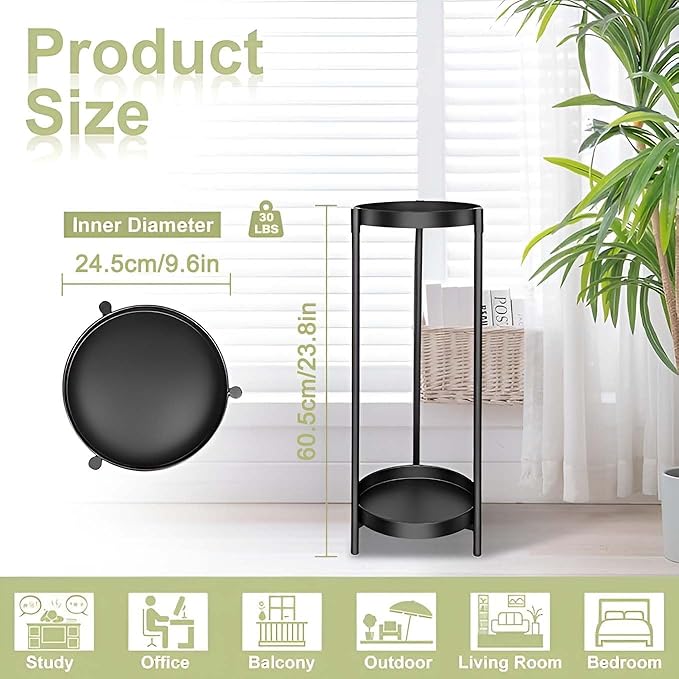 Plant Stand Indoor Outdoor, 2 Tier 24" Tall Black Flower Pot Plant Stands, Heavy Duty Metal Plants Shelf, Rustproof Iron Multiple Plant Round Supports Rack for Planter Corners Garden Balcony Patios