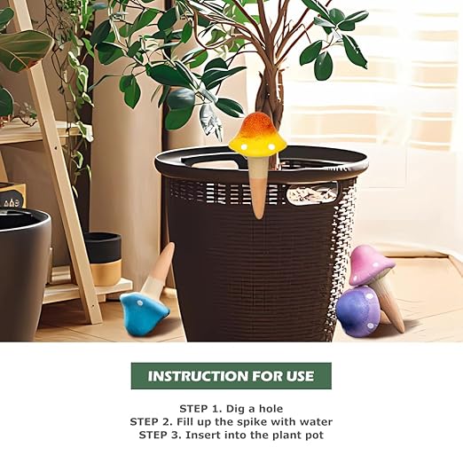 4 Pack Terracotta Watering Spikes, Vacation Self-Watering Planters Devices - Continuous Moisture with Slow Release Watering System - Perfect for Indoor Outdoor Plants (Fantasy Mushroom)