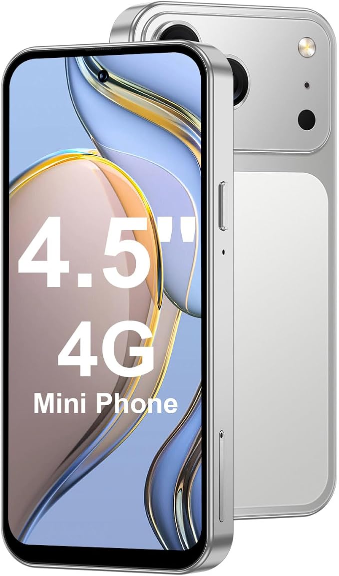 4.5'' Mini Phone 64GB Unlocked 4G Mobile Smartphone with 2000mAh Battery Compact Backup Mini Phone for Kids & Students Dual SIM Face ID Silver | 4.5'' HD Screen