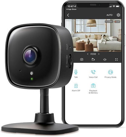 Tapo 2K Indoor Wired Security Camera - Works as a Baby Monitor & Pet Camera, Person/Motion/Baby Cry Detection, 2-Way Audio, Siren, Subscription-Free Local Storage or Optional Cloud, Black, C111