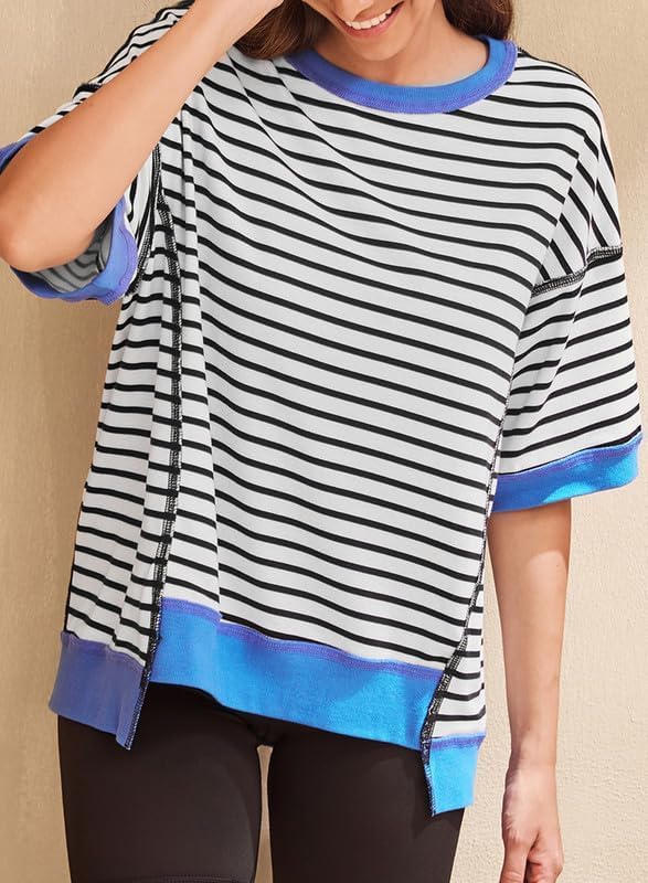SHEWIN Womens Tops Casual Short Sleeve Sweatshirt Crewneck Striped Shirt Pullover T Shirts Loose Blouses