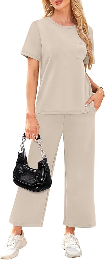 WIHOLL 2 Piece Sets for Women Casual Summer Travel Vacation Outfits Short Sleeve Wide Leg Crop Pants Lounge Sets