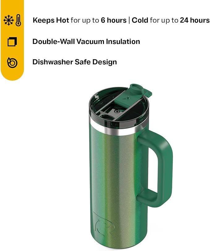 RTIC 20oz Road Trip Travel Mug with Lid and Handle, Ceramic Lined, Insulated, Stainless Steel, Metal, Double Wall Vacuum-Insulation, Portable Coffee, Tea Cup for Hot and Cold Drink, Pine Tree Glitter