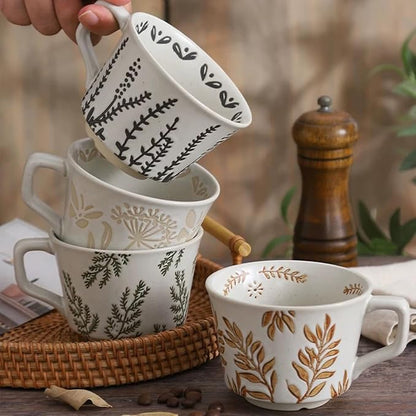 Small Ceramic Mug, 11oz - Vintage Cup Mug for Coffee Milk Latte Cappuccino Tea, Plant Porcelain Cup Dishwasher Microwave Freezer Safe Stoneware 1 PC Black Leaf Cup