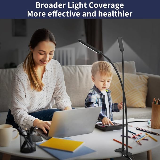 iZELL Desk Lamp, [2 LED Tube] Desk Lamps for Home Office with Clamp, Flexible Gooseneck LED Book Light, Easy Clip on Reading Lights for Bedrooms Beside Table Headboard College Dorm Bed Room - Black