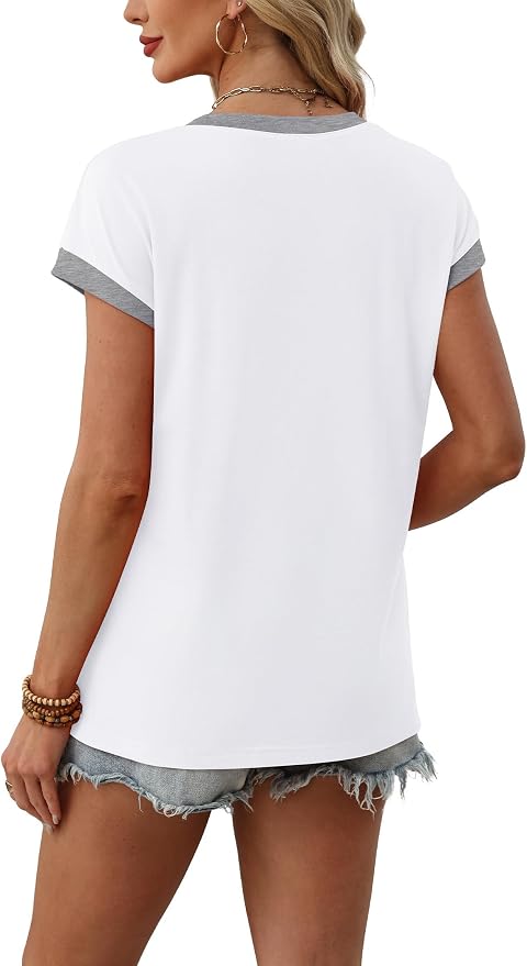 WIHOLL Womens Summer Tops 2026 Cap Short Sleeve Shirs V Neck T Shirts Fashion Beach Vacation Clothes Color Block