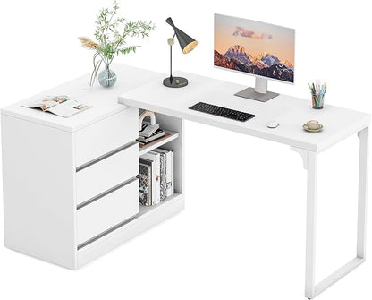 Tribesigns L-Shaped Computer Desk with Drawers and Shelves, Reversible White Corner Office Desk with Storage Cabinet, Modern Study Writing Table for Home Office, Bedroom