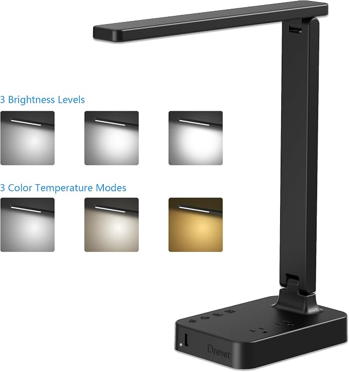 Drevet LED Desk Lamp for College Dorm Room, Desk Light with 1 USB Charging Port 2 AC Power Outlet, 3 Lighting Modes, 3 Level Brightness Touch Lamp, Eye-Caring Home Office Foldable Table Lamp