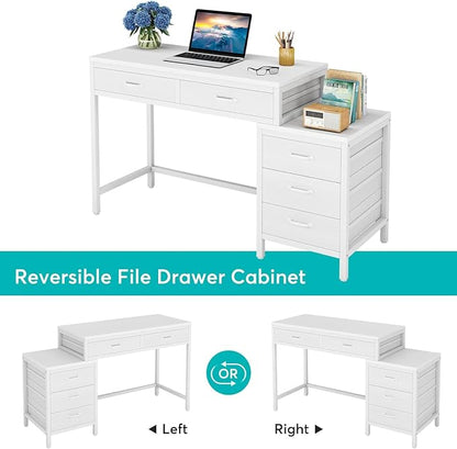 Tribesigns Computer Desk with 5 Drawers, Reversible Home Office Desks | Small Desk with Drawer Cabinet Printer Stand, PC Desk with Storage, White Study Writing Table Workstation for Small Spaces