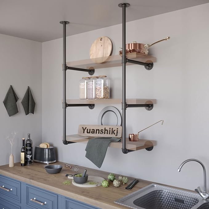 Yuanshikj 2Pc (42" tall 12" deep, 3/4") Industrial Wall Mount iron Pipe Shelf Shelves Shelving Bracket Vintage Retro Black DIY Open Bookshelf Storage Home Kitchen (2 Pcs 3Tier Hardware only)