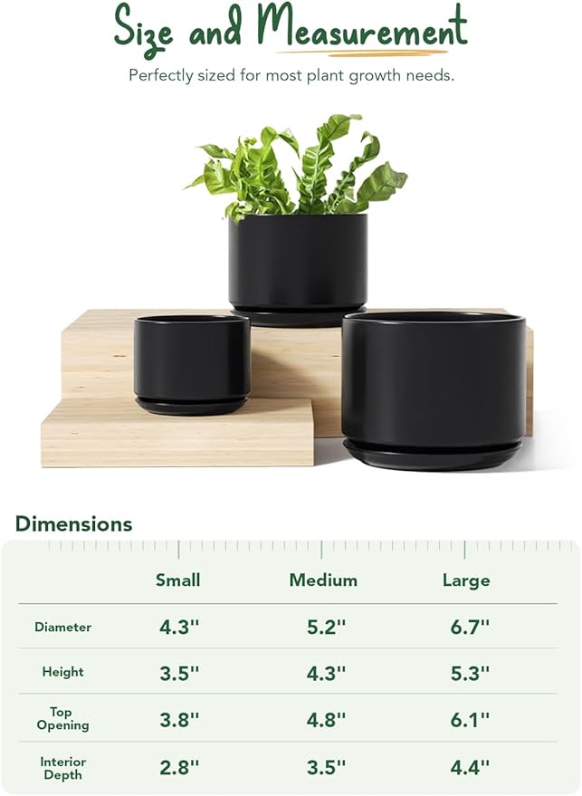 LE TAUCI Ceramic Plant Pots, 4.3+5.3+6.8 inch, Set of 3, Planters with Drainage Hole and Saucer, Indoor Flower Pot with Hole Mesh Pad, Gifts for Mom, Black