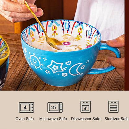 Bohemian Hand-Painted Ceramic Mug, 15 Oz Large Coffee Cup for Milk, Tea, and Breakfast, Dishwasher & Microwave Safe Artisan Cup, Baby Blue