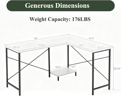 L Shaped Desk Computer Desk, 50inch White Gaming Desk with CPU Stand | Reversible Corner Desk, Sturdy Metal Frame, Student Study Writing Table for Home Office
