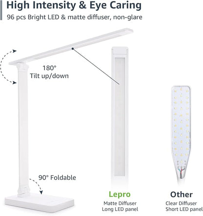 Lepro LED Desk Lamp with USB Charging Port for Dorm Room, 700LM 9.5W, White | Dimmable Table Lamp, 5 Colors 5 Brightness, Eye Caring Task Light for Home Office, Sewing, Crafting, Reading, Nail, Drafts