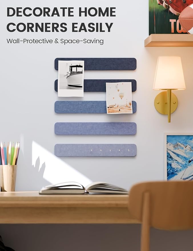 Fluxynara 13" x 2" Felt Wall Panels, Denim Mist | 5-Pack Cork Board Alternative with 35 Push Pins, Adhesive Mounting for Bedroom Door or Home Office