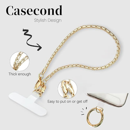Phone Wrist Strap Metal Phone Chain Lanyard Hand Wristlet Detachable Phones Charm with 3 Tether Tabs with CellPhone Stand Holder Finger Grip Universal for Women Girls Traveling Party Walking Gold